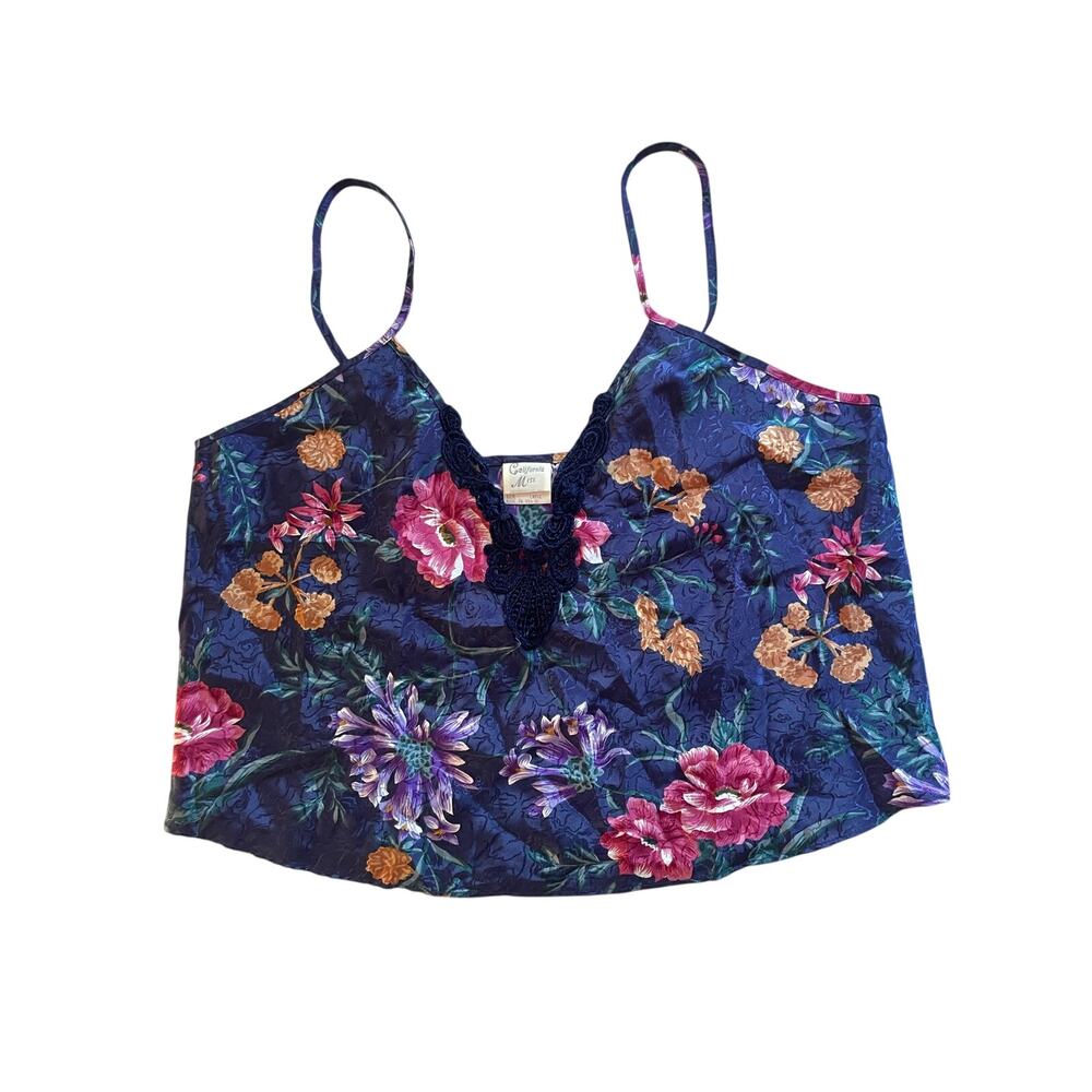 Vintage California Miss Silk Floral Camisole Tank Top Purple Lace Trim L